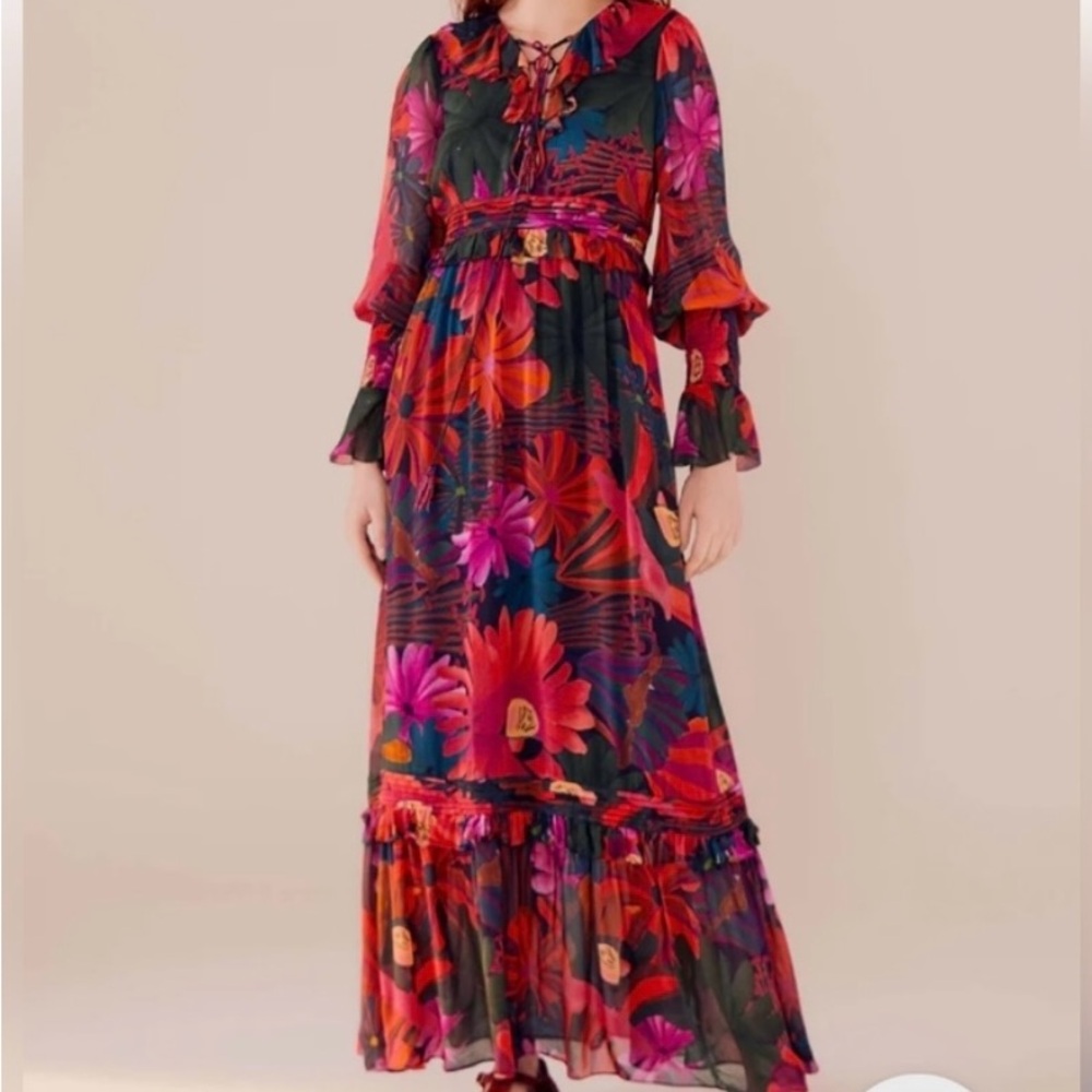 FARM Rio Maxi dress with Ruffled Tiered Skirt and Bishop Sleeves size M